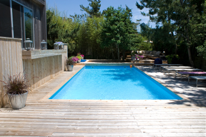 swimming pool with wooden deck